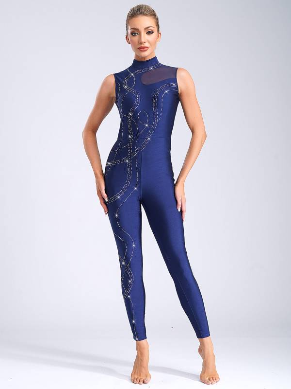 Women Shiny Rhinestones Mock Neck Sleeveless Gymnastics Unitards thumb