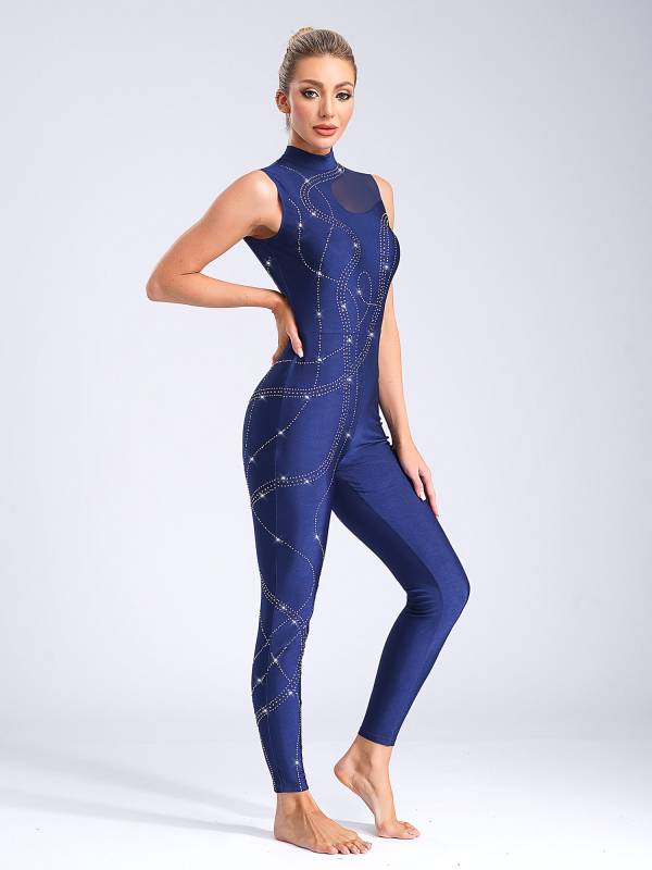 Women Shiny Rhinestones Mock Neck Sleeveless Gymnastics Unitards thumb