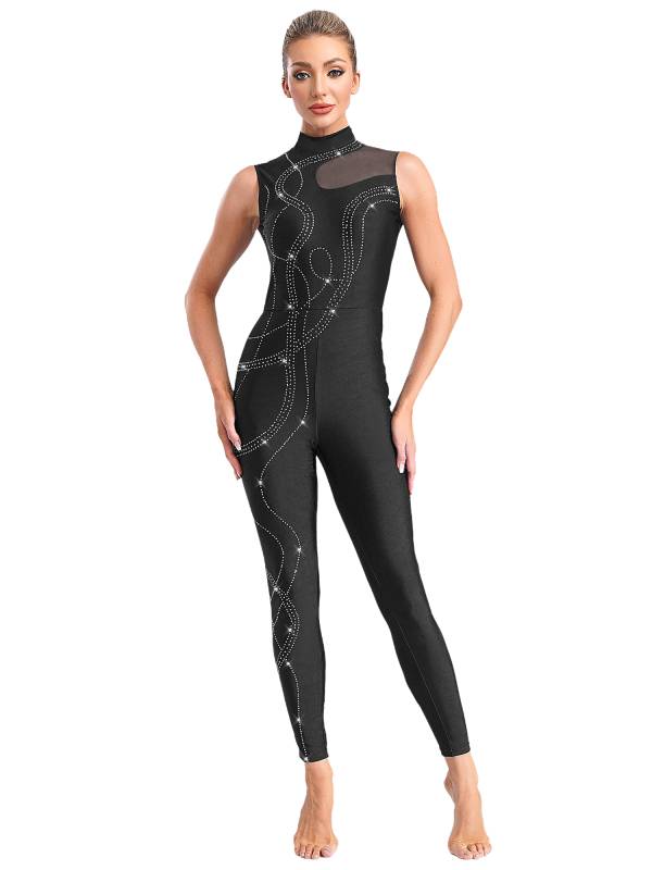 Women Shiny Rhinestones Mock Neck Sleeveless Gymnastics Unitards thumb