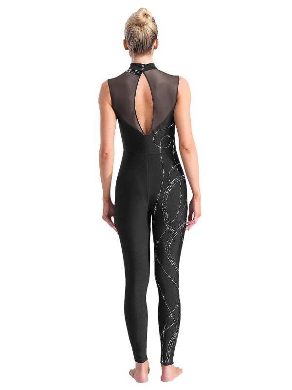Women Shiny Rhinestones Mock Neck Sleeveless Gymnastics Unitards thumb