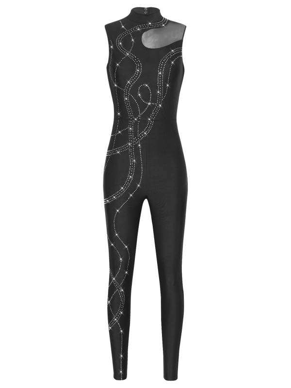 Women Shiny Rhinestones Mock Neck Sleeveless Gymnastics Unitards thumb