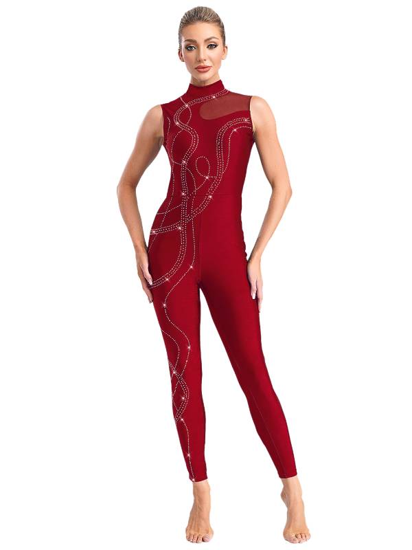 Women Shiny Rhinestones Mock Neck Sleeveless Gymnastics Unitards thumb