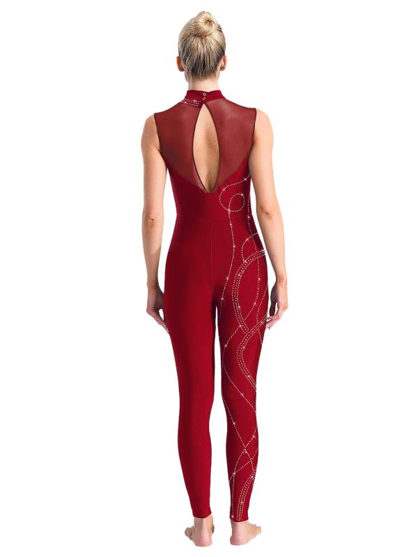 Women Shiny Rhinestones Mock Neck Sleeveless Gymnastics Unitards thumb