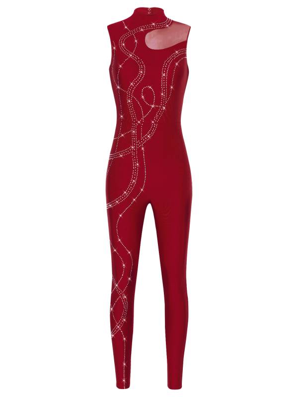 Women Shiny Rhinestones Mock Neck Sleeveless Gymnastics Unitards thumb
