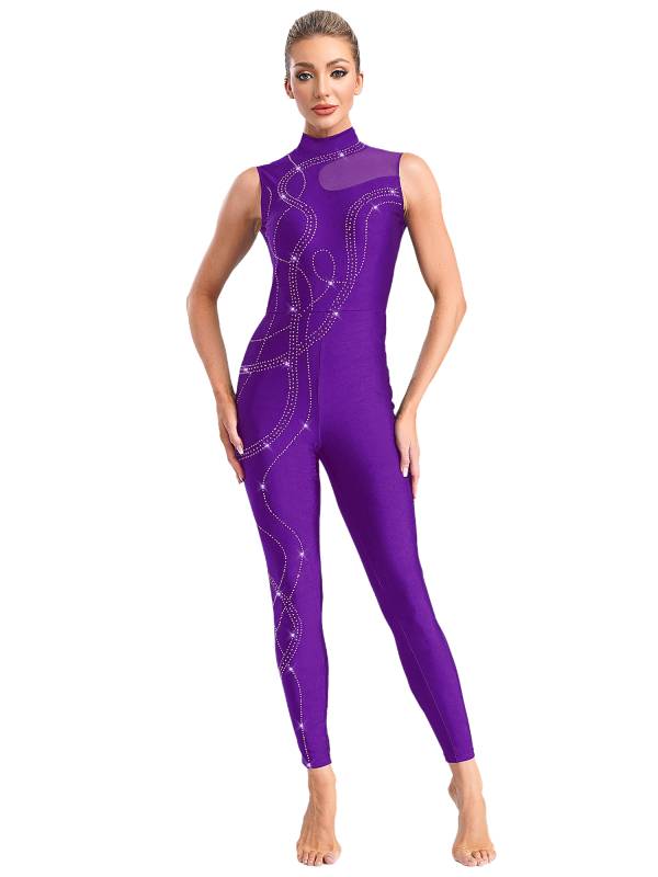 Women Shiny Rhinestones Mock Neck Sleeveless Gymnastics Unitards thumb
