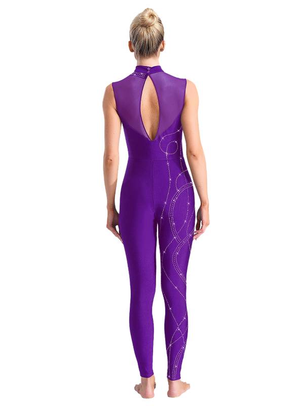 Women Shiny Rhinestones Mock Neck Sleeveless Gymnastics Unitards thumb