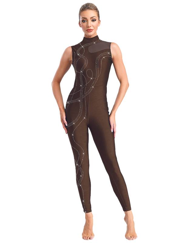 Women Shiny Rhinestones Mock Neck Sleeveless Gymnastics Unitards thumb