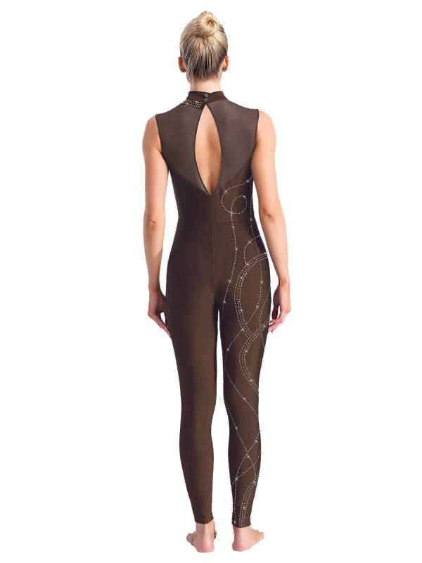 Women Shiny Rhinestones Mock Neck Sleeveless Gymnastics Unitards thumb
