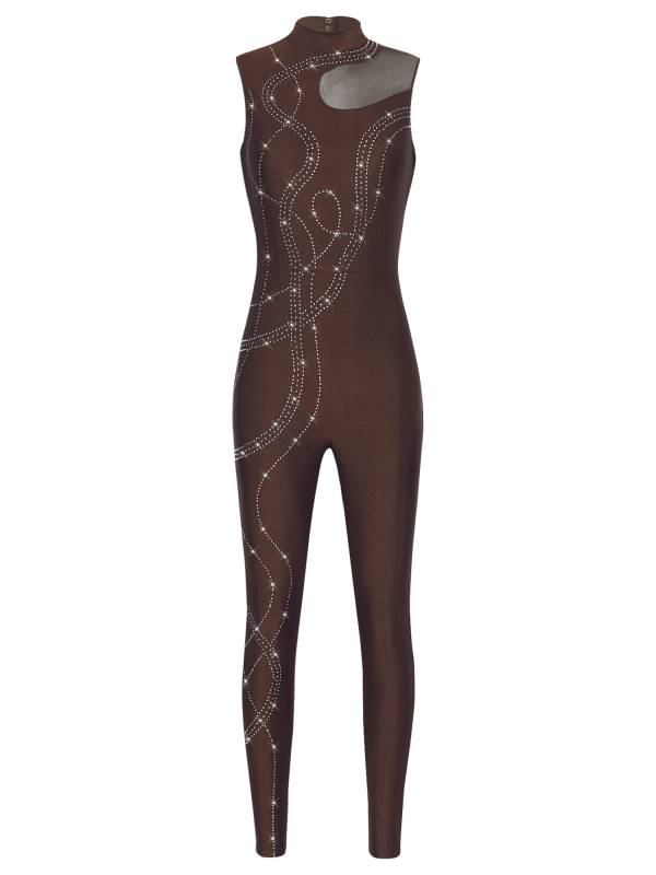 Women Shiny Rhinestones Mock Neck Sleeveless Gymnastics Unitards thumb