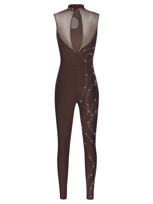 Women Shiny Rhinestones Mock Neck Sleeveless Gymnastics Unitards thumb