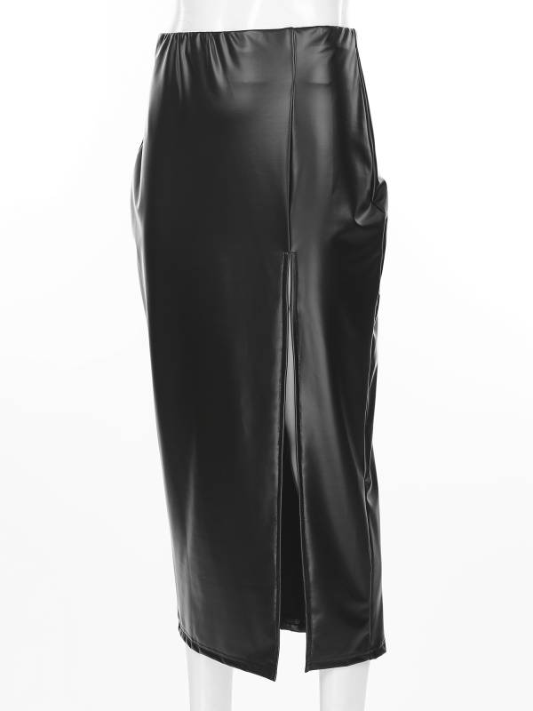 Women Hottie High Waist Slit PU Leather Pencil Cocktail Skirt thumb