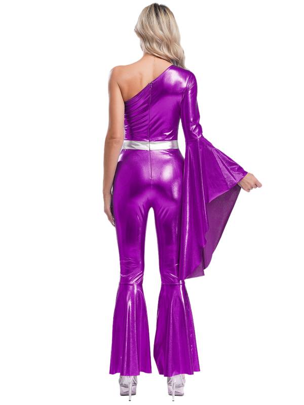 Women One Shoulder Long Sleeve Flared Bell Metallic 70s Disco Dance Jumpsuit thumb