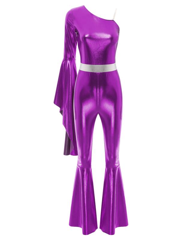 Women One Shoulder Long Sleeve Flared Bell Metallic 70s Disco Dance Jumpsuit thumb