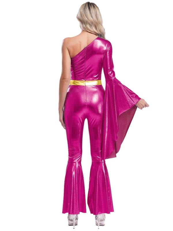 Women One Shoulder Long Sleeve Flared Bell Metallic 70s Disco Dance Jumpsuit thumb