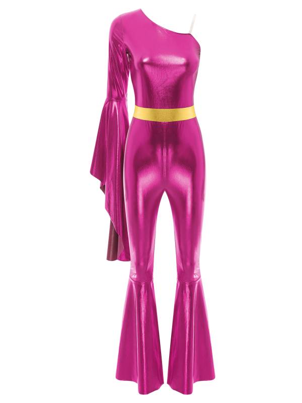 Women One Shoulder Long Sleeve Flared Bell Metallic 70s Disco Dance Jumpsuit thumb