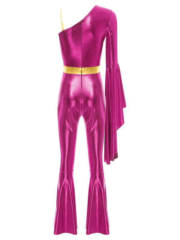 Women One Shoulder Long Sleeve Flared Bell Metallic 70s Disco Dance Jumpsuit thumb