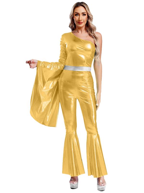 Women One Shoulder Long Sleeve Flared Bell Metallic 70s Disco Dance Jumpsuit thumb