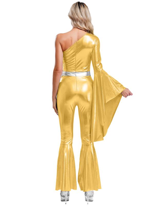 Women One Shoulder Long Sleeve Flared Bell Metallic 70s Disco Dance Jumpsuit thumb