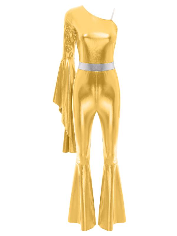Women One Shoulder Long Sleeve Flared Bell Metallic 70s Disco Dance Jumpsuit thumb