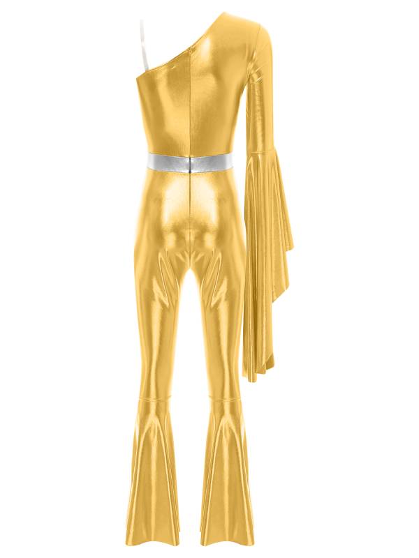 Women One Shoulder Long Sleeve Flared Bell Metallic 70s Disco Dance Jumpsuit thumb
