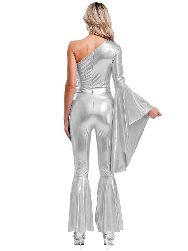 Women One Shoulder Long Sleeve Flared Bell Metallic 70s Disco Dance Jumpsuit thumb