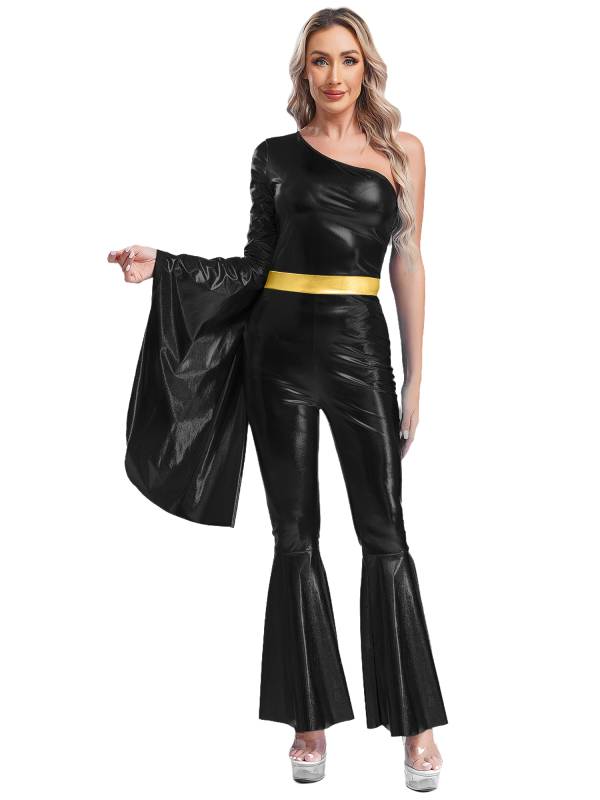 Women One Shoulder Long Sleeve Flared Bell Metallic 70s Disco Dance Jumpsuit thumb