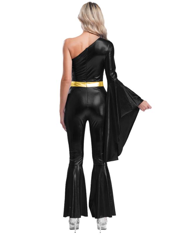Women One Shoulder Long Sleeve Flared Bell Metallic 70s Disco Dance Jumpsuit thumb