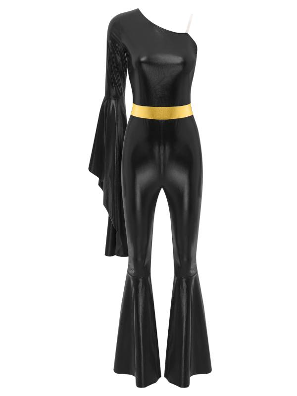 Women One Shoulder Long Sleeve Flared Bell Metallic 70s Disco Dance Jumpsuit thumb