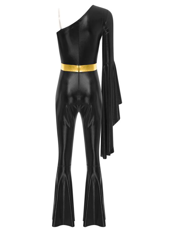 Women One Shoulder Long Sleeve Flared Bell Metallic 70s Disco Dance Jumpsuit thumb