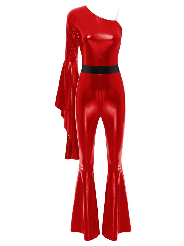 Women One Shoulder Long Sleeve Flared Bell Metallic 70s Disco Dance Jumpsuit thumb