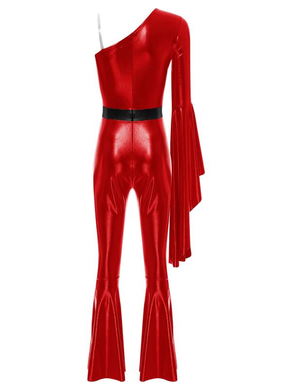 Women One Shoulder Long Sleeve Flared Bell Metallic 70s Disco Dance Jumpsuit thumb