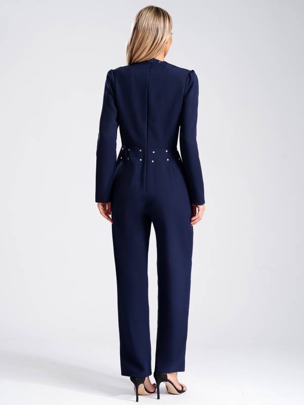Women Long Sleeve V Neck Rhinestones Side Pockets Jumpsuit for Cocktail Party thumb