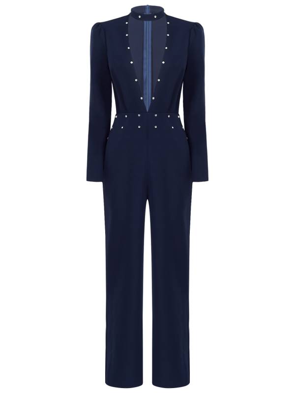 Women Long Sleeve V Neck Rhinestones Side Pockets Jumpsuit for Cocktail Party thumb