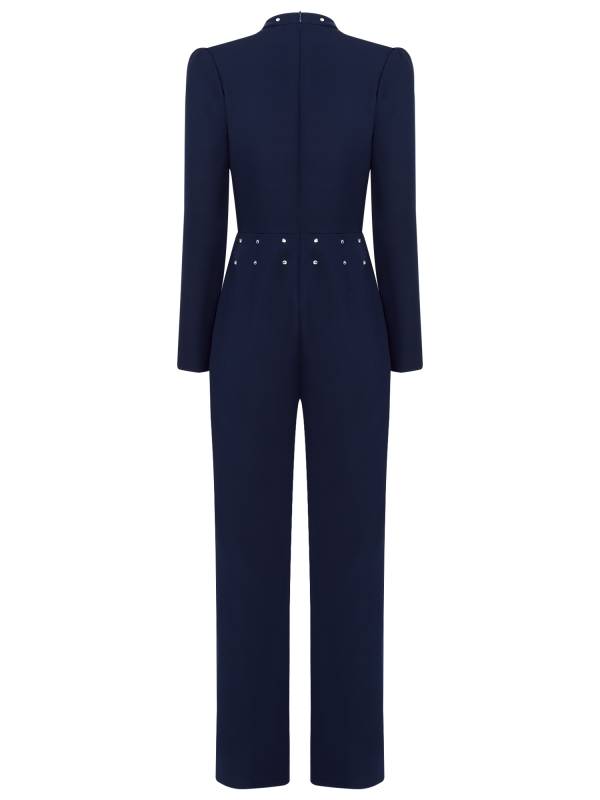 Women Long Sleeve V Neck Rhinestones Side Pockets Jumpsuit for Cocktail Party thumb