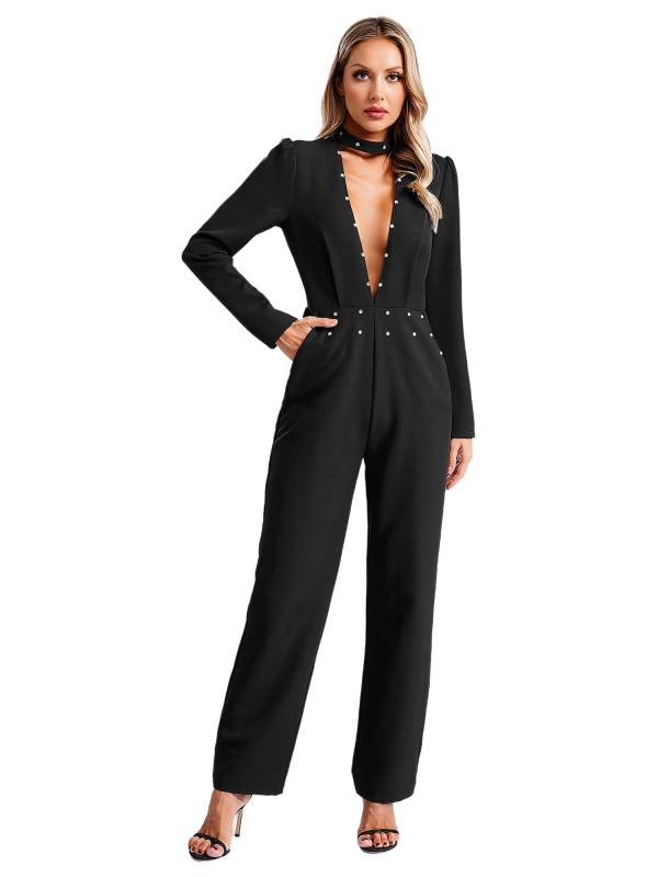 Women Long Sleeve V Neck Rhinestones Side Pockets Jumpsuit for Cocktail Party thumb
