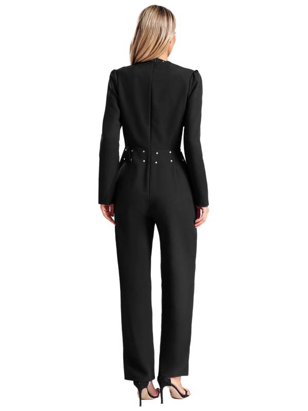 Women Long Sleeve V Neck Rhinestones Side Pockets Jumpsuit for Cocktail Party thumb