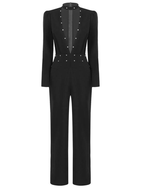 Women Long Sleeve V Neck Rhinestones Side Pockets Jumpsuit for Cocktail Party thumb