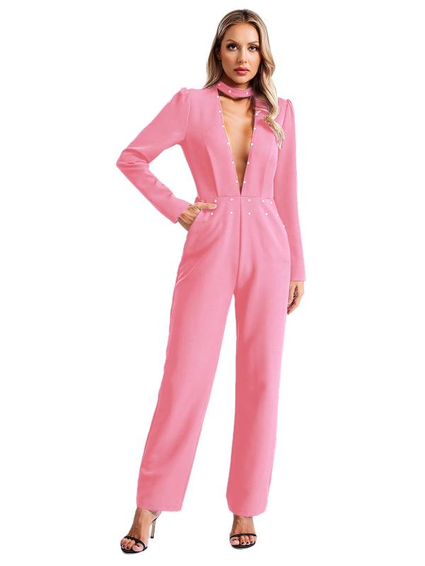Women Long Sleeve V Neck Rhinestones Side Pockets Jumpsuit for Cocktail Party thumb