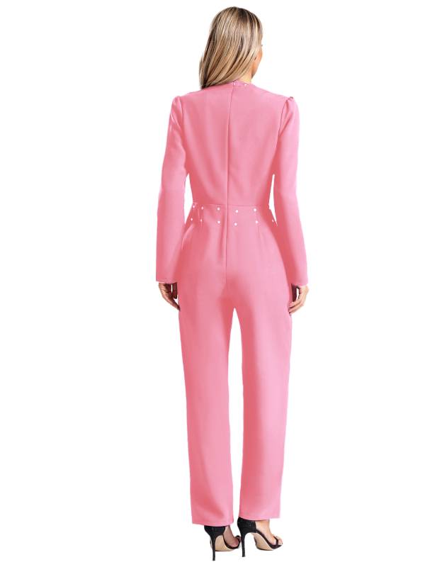 Women Long Sleeve V Neck Rhinestones Side Pockets Jumpsuit for Cocktail Party thumb