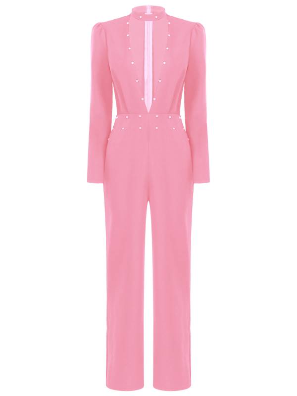 Women Long Sleeve V Neck Rhinestones Side Pockets Jumpsuit for Cocktail Party thumb