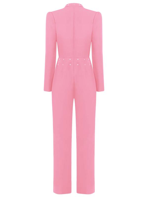 Women Long Sleeve V Neck Rhinestones Side Pockets Jumpsuit for Cocktail Party thumb