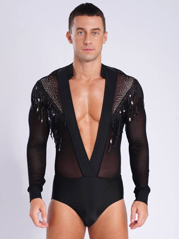 Men Long Sleeve Deep V-neck Mesh Sequined Tassels Latin Dance Leotard thumb