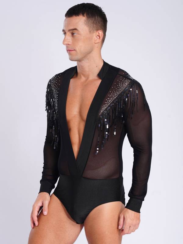 Men Long Sleeve Deep V-neck Mesh Sequined Tassels Latin Dance Leotard thumb