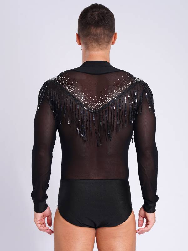 Men Long Sleeve Deep V-neck Mesh Sequined Tassels Latin Dance Leotard thumb