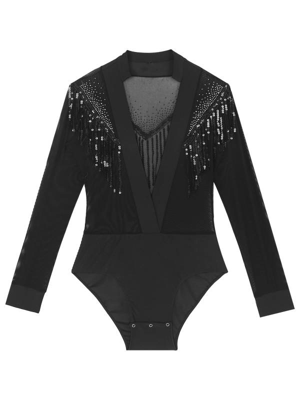 Men Long Sleeve Deep V-neck Mesh Sequined Tassels Latin Dance Leotard thumb
