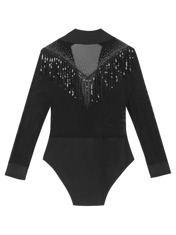 Men Long Sleeve Deep V-neck Mesh Sequined Tassels Latin Dance Leotard thumb