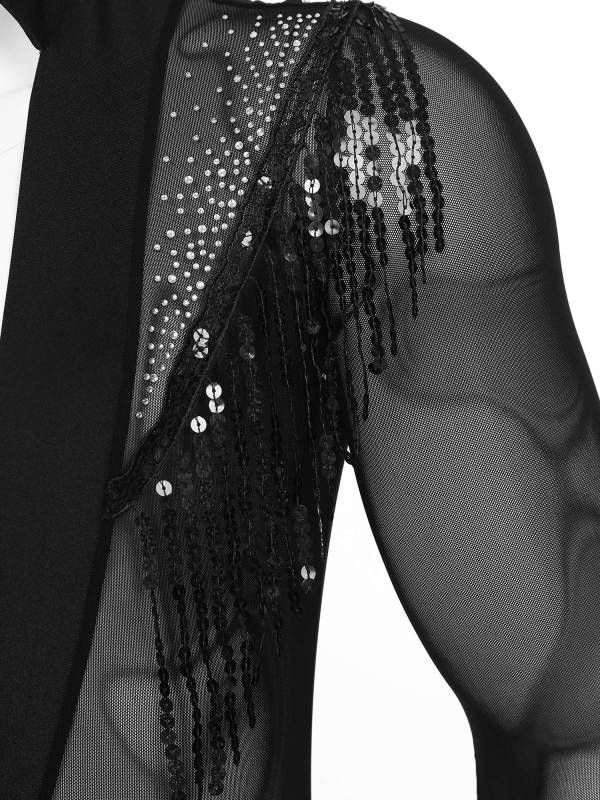 Men Long Sleeve Deep V-neck Mesh Sequined Tassels Latin Dance Leotard thumb