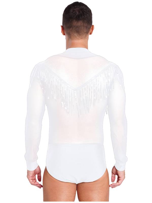 Men Long Sleeve Deep V-neck Mesh Sequined Tassels Latin Dance Leotard thumb