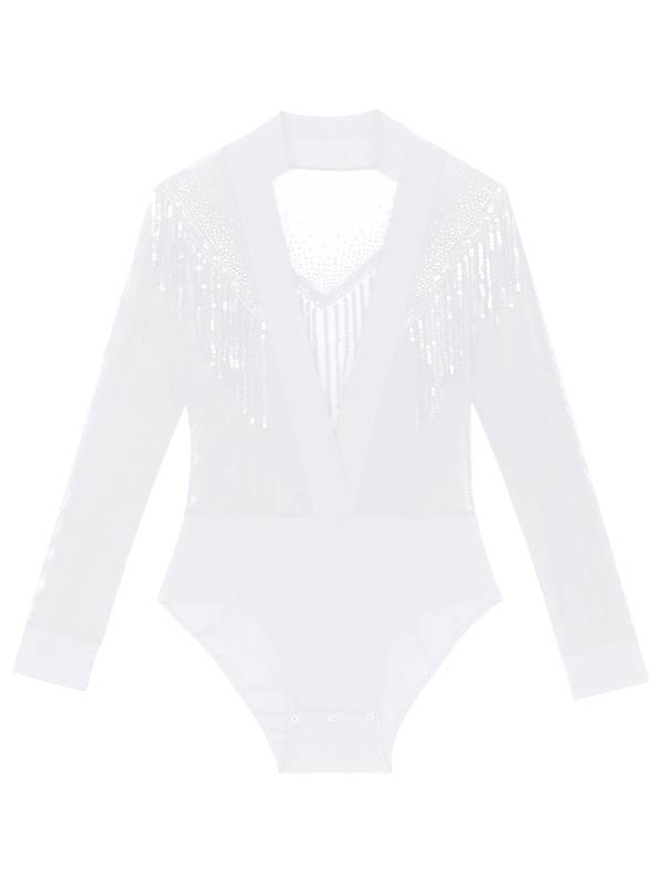 Men Long Sleeve Deep V-neck Mesh Sequined Tassels Latin Dance Leotard thumb