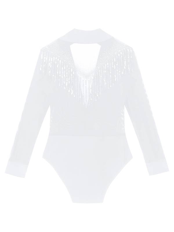 Men Long Sleeve Deep V-neck Mesh Sequined Tassels Latin Dance Leotard thumb